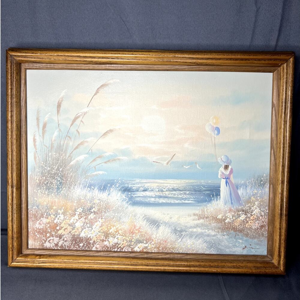 Framed Beach Scene Girl with Balloons Signed Hand Painted Art Work